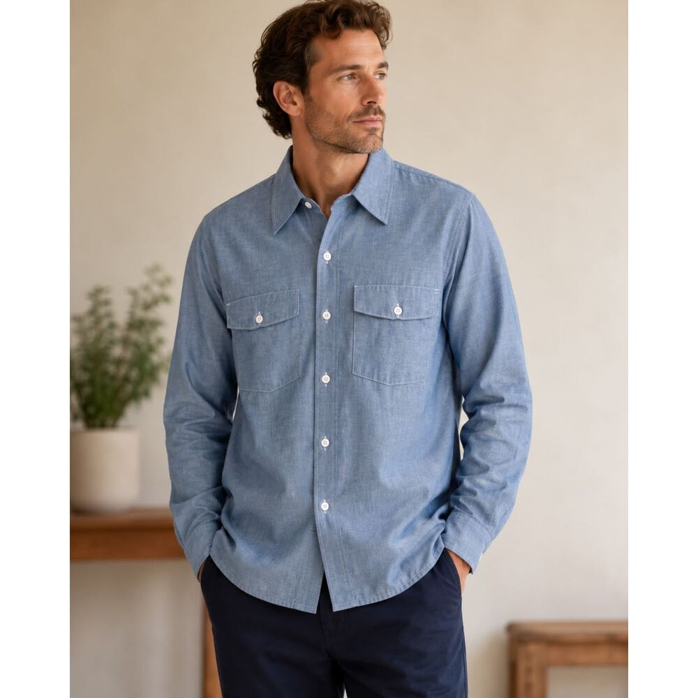 Vintage Dickies Chambray Work Shirt Med 15.5 Blue Utility Cotton Blend 90s Top